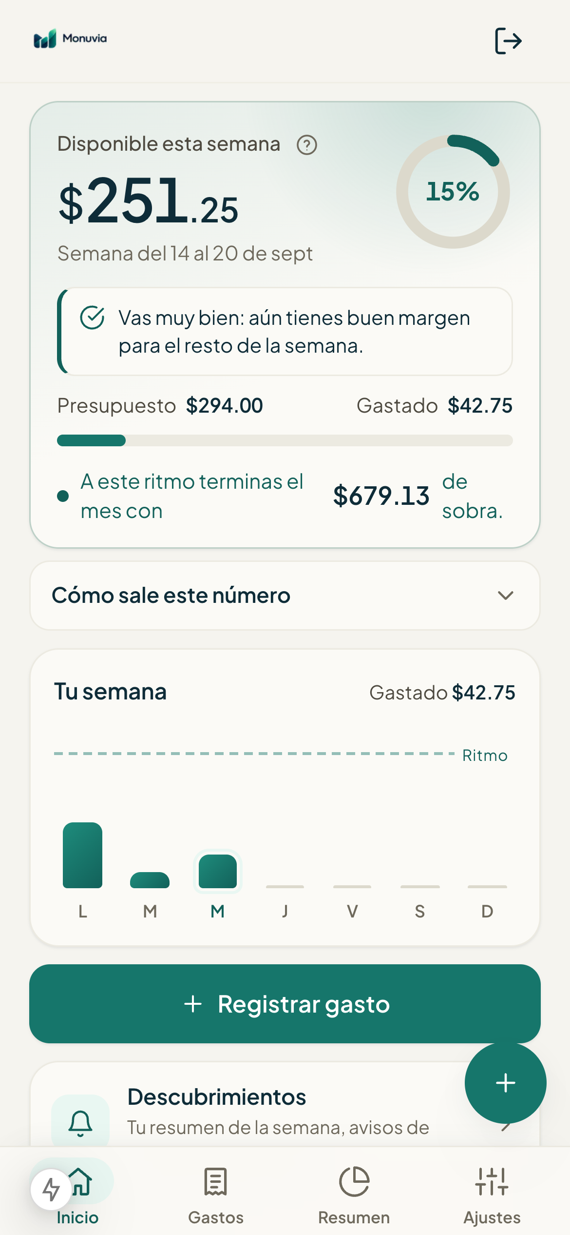 Pantalla de inicio de Monuvia con el disponible de la semana
