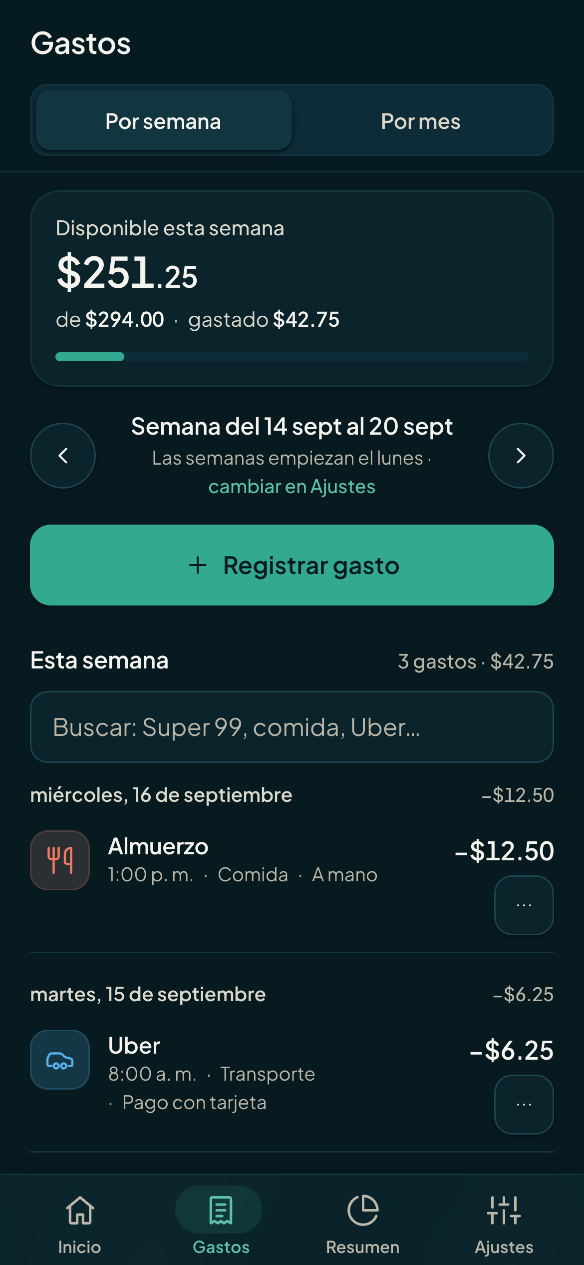 Pantalla de movimientos de Monuvia con la lista de gastos por categoría
