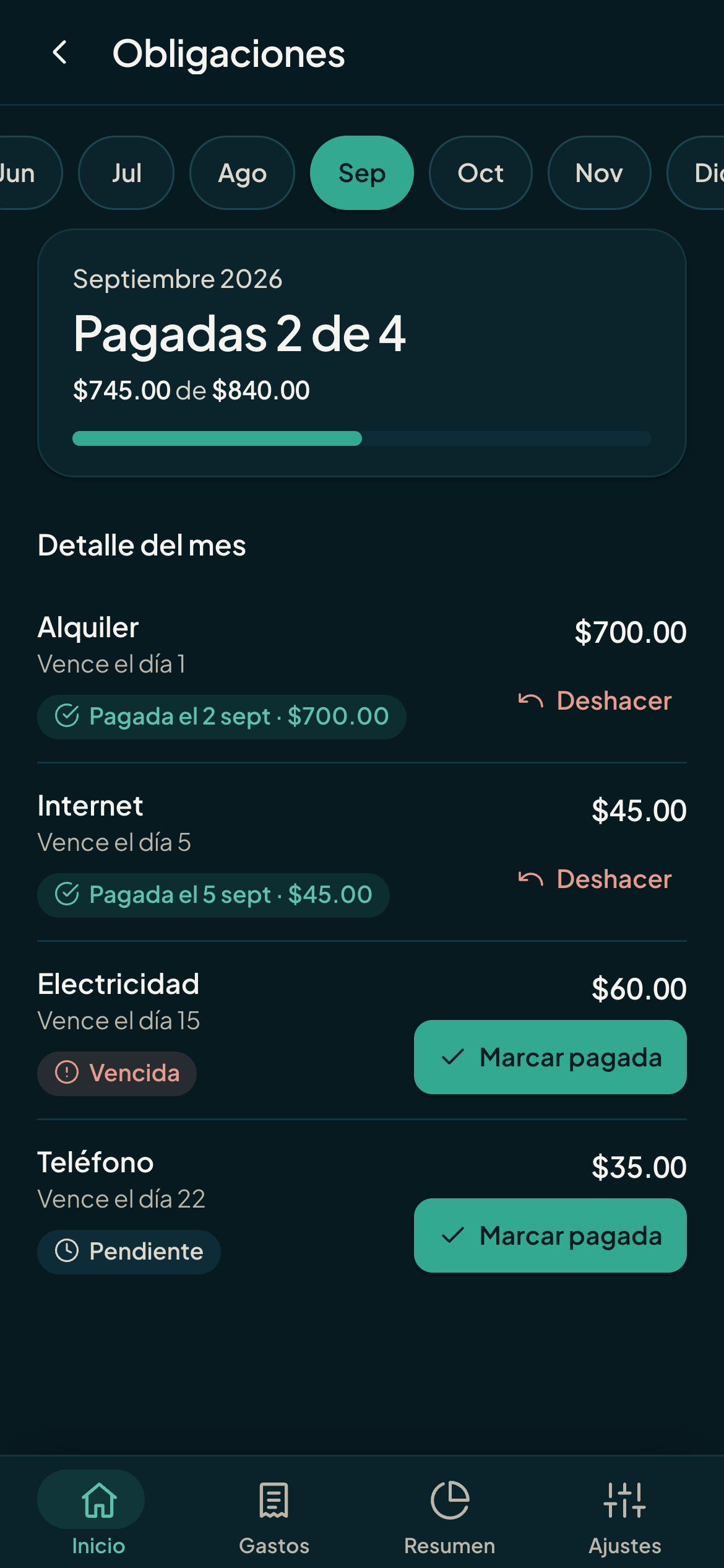 Pantalla de obligaciones de Monuvia con los pagos fijos del mes